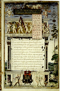 Architectural frontispiece of the illuminated manuscript of De rerum natura produced in 1483 by Girolamo di Matteo de Tauris for Pope Sixtus IV. The Pope's arms are at the foot of the page.